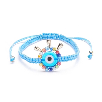 Big Evil Eye Braided Bead Bracelet, Adjustable Lampwork Beads Bracelet for Teen Girl Women, Golden, Dodger Blue, Inner Diameter: 2-1/4~4 inch(5.7~10.4cm)