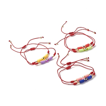 Flat Round with Evil Eye Resin Braided Beads Bracelet, Handmade Polymer Clay Heishi Beads Surfering Bracelet for Girl Women, Mixed Color, Inner Diameter: 3/4~3-3/4 inch(1.8~9.6cm)