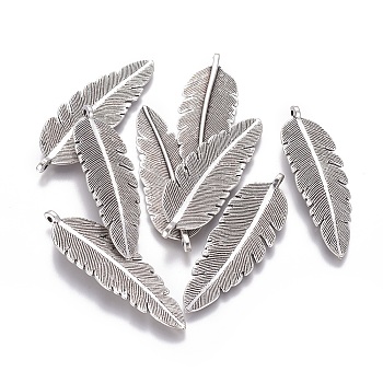 Tibetan Style Big Pendants, Lead Free and Nickel Free, Feather, Antique Silver, 56x17.5x4mm, Hole: 1mm