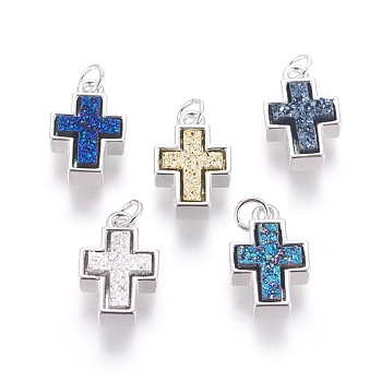 Druzy Resin Pendants, with Brass Finding, Cross, Platinum, Mixed Color, 17.5x11x4~6mm, Hole: 3mm