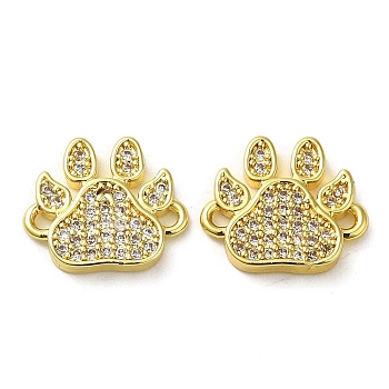 Rack Plating Brass Micro Pave Clear Cubic Zirconia Connector Charms, Cat's Paw Print Links, Long-Lasting Plated, Lead Free & Cadmium Free, Real 18K Gold Plated, 10.5x12.5x2mm, Hole: 1.2mm