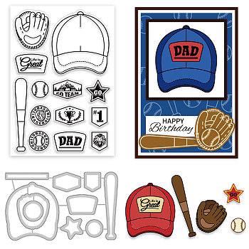 Baseball Theme Globleland DIY Scrapbook Making Kits, including 1 Sheet PVC Plastic Stamps and 1Pc Carbon Steel Cutting Dies Stencils, Sports Themed Pattern, Stamp: 160x110x3mm, Cutting Dies Stencils: 85x139x0.8mm