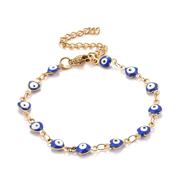 Enamel Heart with Evil Eye Link Chains Bracelet, Vacuum Plating 304 Stainless Steel Jewelry for Women, Golden, Blue, 6-3/4 inch(17.1cm)