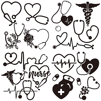 4Pcs 4 Styles Valentine's Day PET Waterproof Self-adhesive Car Stickers, Reflective Decals for Car, Motorcycle Decoration, Black, Stethoscope Pattern, 200x200mm, 1pc/style