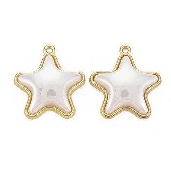 Rack Plating Alloy Pendants, with Electroplate ABS Plastic Imitation Pearl Beads, Star, White, 24.5x21.5x6.5mm, Hole: 1.6mm