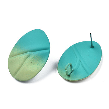 Spray Painted Iron Stud Earring Findings, with Vertical Loops, Twist Oval, Dark Cyan, 28x20mm, Hole: 3.5mm, Pin: 0.7mm
