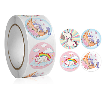 4 Patterns Cartoon Stickers Roll, Round Dot Paper Adhesive Labels, Decorative Sealing Stickers for Gifts, Party, Unicorn, 25mm, 500pcs/roll