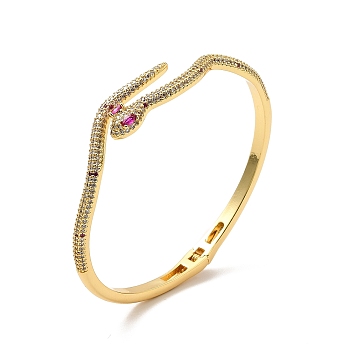 Cubic Zirconia Snake Open Cuff Bangle, Real 18K Gold Plated Brass Jewelry for Women, Deep Pink, Inner Diameter: 2x2-1/4 inch(5x5.8cm)