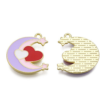 Alloy Enamel Pendants, Cadmium Free & Lead Free, Golden, Moon with Heart & Star, Lilac, 21.5x20x1.3mm, Hole: 1.6mm