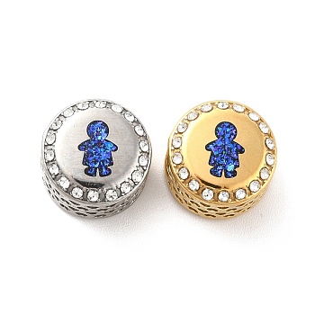 304 Stainless Steel European Beads, with Enamel & Rhinestone, Large Hole Beads, Golden & Stainless Steel Color, Flat Round with Human, Blue, 12x8mm, Hole: 4mm