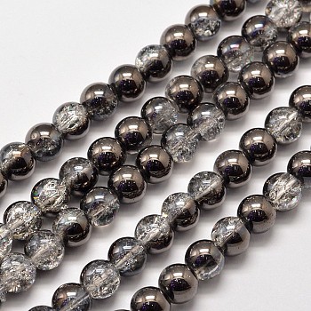 Electroplate Synthetic Crackle Quartz Bead Strands, Round, Half Gunmetal Plated, 8mm, Hole: 1mm, about 50pcs/strand, 15.7 inch