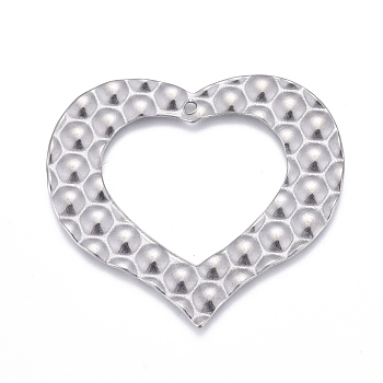 304 Stainless Steel Hollow Pendants, Textured, Heart, Stainless Steel Color, 33x37.5x1mm, Hole: 1.2mm
