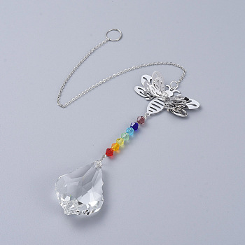 Chandelier Suncatchers Prisms, Chakra Crystal Maple Leaf Hanging Pendant, with Bee Iron Links and Cable Chain, Faceted, Platinum, 355x2mm