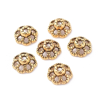 Tibetan Style Bead Caps, Zinc Alloy Bead Caps, Antique Golden, Lead Free and Cadmium Free, Size: about 9mm in diameter, 4mm thick, hole: 1mm.