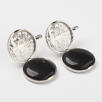 Natural Black Agate Pendants, with Brass Diffuser Locket Findings, Flat Round with Tree, 31x26x8mm, Hole: 4mm