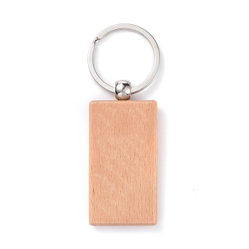 Natural Wood Keychain, with Platinum Plated Iron Split Key Rings, Rectangle, BurlyWood, 9cm, Rectangle: 63.5x30x7mm