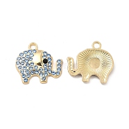 Alloy Rhinestone Pendants, Golden Tone Elephant Charms, Light Sapphire, 17x18.5x3mm, Hole: 2mm(ALRI-K048-01C)