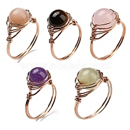 Natural Mixed Stone Round Finger Ring, Rack Plating Rose Gold Brass Wire Wrap Ring, Inner Diameter: 20mm(G-Q1002-10RG)