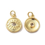 Rack Plating Brass Micro Pave Clear Cubic Zirconia Charms, with Jump Ring, Long-Lasting Plated, Lead Free & Cadmium Free, Flat Round with Eye Charm, Real 18K Gold Plated, 14.5x12x3mm, Hole: 3mm(KK-F853-17G)