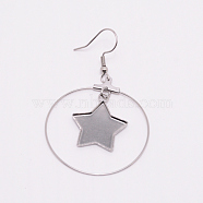 Stainless Steel Dangle Earrings, Star, Stainless Steel Color, 60x37x17mm, Pin: 0.8mm, Pendant: 40x37x1.2mm, Tray: 16x16mm(STAS-WH0015-37P)