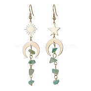 Moon & Sun & Star Brass Asymmetrical Earrings, Natural Green Aventurine Chips Tassel Earrings, 76~85x18mm(EJEW-JE05461-04)