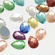 Faceted Glass teardrop, Cabochons, Flat Back & Back Plated, Mixed Color, 14x10x4mm(X-GGLA-F010A-M)