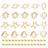 40Pcs 4 Style Oval & Flower & Star & Heart 201 Stainless Steel Stud Earring Findings, with Horizontal Loops & 316 Stainless Steel Pin & 40Pcs Plastic Ear Nuts, Real 24K Gold Plated, 10~15x9~13mm, Hole: 1~1.6mm, Pin: 0.7mm, 10Pcs/style(STAS-UN0047-04)