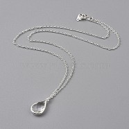 Clear Glass Pendant Necklaces, with Brass Cable Chains, Spring Ring Clasps and Cardboard Packing Box, Teardrop, Silver Color Plated, 17.99 inch(45.7cm)(NJEW-JN02611-01)