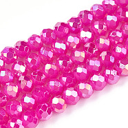 Baking Painted Glass Beads Strands, Imitation Jade, Faceted, AB Color Plated, Rondelle, Fuchsia, 4~4.5x3.5mm, Hole: 0.9mm, about 115~116pcs/strand, 15.94~16.14 inch(40.5~41cm)(DGLA-A034-J4mm-B11)