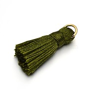 Nylon Tassel Pendant Decorations, with Golden Tone Iron Findings, Dark Olive Green, 27~30x15mm, Jump Ring: 4mm, Hole: 4x2mm, 10pcs/bag(FIND-D015-19G)