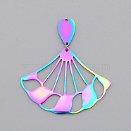 Ion Plating(IP) 201 Stainless Steel Pendants, Laser Cut, with Jump Rings, Fan, Rainbow Color, 44mm, Hole: 1mm(STAS-S105-LA585)