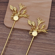 Iron Hair Stick Findings, with Alloy Leaf Findings, Long-Lasting Plated, Golden, 160mm, Round Tray: 10mm(OHAR-PW0003-143A)
