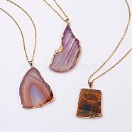 Natural & Dyed Agate Pendant Necklaces, with Stainless Steel Chain and Lobster Claw Clasp, Mixed Color, 27.5 inch(70cm), Pendant: 32.5~44x43~73x4mm(NJEW-JN01776)