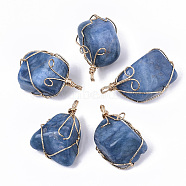 Dyed Natural White Jade Wire Wrapped Pendants, with Light Gold Plated Iron Wire, Nuggets, Dodger Blue, 37~50x25~30x19~25mm, Hole: 3mm(G-N326-15A)