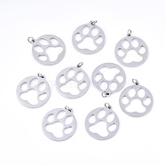304 Stainless Steel Pendants, Laser Cut, with Jump Rings, Flat Round with Dog Footprint, Stainless Steel Color, 15.5x14x1mm, Jump Ring: 3x0.4mm, 2.2mm inner diameter(STAS-S116-043P)