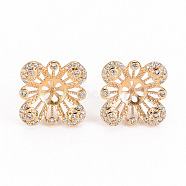 Brass Micro Pave Clear Cubic Zirconia Stud Earring Findings, for Half Drilled Bead, Nickel Free, Flower, Real 18K Gold Plated, 14.5x14.5mm, Pin: 0.7mm, Pin: 0.8mm(for Half Drilled Bead)(KK-S356-238-NF)