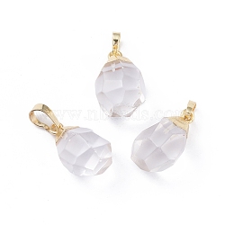 Natural Quartz Crystal Pendants, Rock Crystal Pendants, with Brass Bails, Faceted, Teardrop, Golden, 19~21x12~14x11~15mm, Hole: 5x3mm(X-G-G845-07G-06)