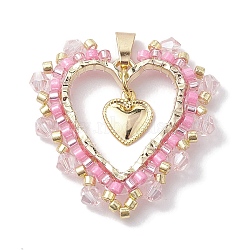 Seed Glass & Alloy Heart Pendant, with 304 Stainless Steel Findings, Heart, Pink, 33x30x2mm, Hole: 5.5x3mm(PALLOY-MZ00234)