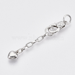 Brass Chain Extender, with Brass Lobster Claw Clasps,  Heart, Platinum, 64mm, Clasp: 17x10x4mm, Extend Chain: 38mm, Jump Ring: 8x1mm, Inner Diameter: 6mm(KK-N227-13B)