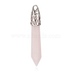 Natural Rose Quartz Big Pointed Pendants, with Platinum Plated Brass Findings, Bullet, 57~64x10.5x10.5mm, Hole: 5x4mm(G-N0075-05)