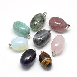 Natural Mixed Stone Pendants, Oval, Platinum, 30~35x18~20x18~20mm, Hole: 5x6mm(G-R435-44)
