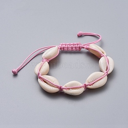 Natural Cowrie Shell Braided Beads Bracelets, with Korean Waxed Polyester Cord, Pearl Pink, 2-1/4 inch~3-3/4 inch(5.8~9.5cm)(BJEW-JB05057-04)