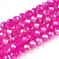 Baking Painted Glass Beads Strands, Imitation Jade, Faceted, AB Color Plated, Rondelle, Fuchsia, 4~4.5x3.5mm, Hole: 0.9mm, about 113~115pcs/strand, 41~42cm(DGLA-A034-J4mm-B11)