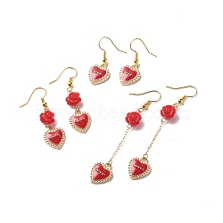 3 Pairs 3 Style Red Alloy Enamel Charms & Rose Beaded Dangle Earrings, Valentine Theme Brass Jewelry for Women, Golden, Word, 32~72mm, Pin: 0.5mm(EJEW-JE05031-03)