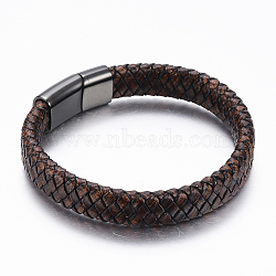 PU Leather Cord Bracelets, with 304 Stainless Steel Magnetic Clasps, Gunmetal, 8-5/8 inch(220mm)x12~14x6~8mm(BJEW-F288-05B)