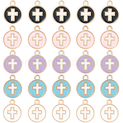 50Pcs 5 Colors Light Gold Plated Alloy Enamel Pendants, Flat Round with Cross, Mixed Color, 15x12x1.5mm, Hole: 1.6mm, 10pcs/color(ENAM-SC0003-70)