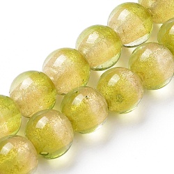 Lampwork Silver Foil Glass Beads Strands, with Gold Powder, Round, Yellow, 12~12.5x11~12mm, Hole: 1.5mm, about 30pcs/strand, 13.5 inch(34.5cm)(FOIL-G028-01B)