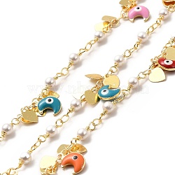 Colorful Enamel Moon with Evil Eye & Brass Heart Charms Chains, with ABS Plastic Imitation Pearl Beaded Chains, Soldered, with Spool, Real 18K Gold Plated, 12x4mm(CHC-A006-03G)