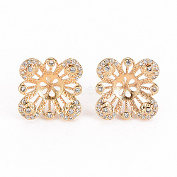 Brass Micro Pave Clear Cubic Zirconia Stud Earring Findings, for Half Drilled Bead, Nickel Free, Flower, Real 18K Gold Plated, 14.5x14.5mm, Pin: 0.7mm, Pin: 0.8mm(for Half Drilled Bead)(KK-S356-238-NF)