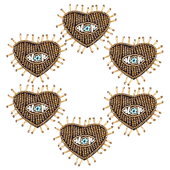 Heart with Evil Eye Cloth Patches, Glass Beaded Appliques, Stick On Patch, Costume Accessories, Goldenrod, 53x63x4mm